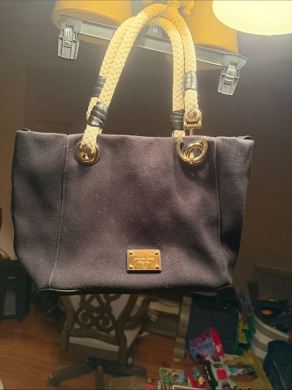 Michael Kors Navy Canvas Tote with Cream Rope Handles